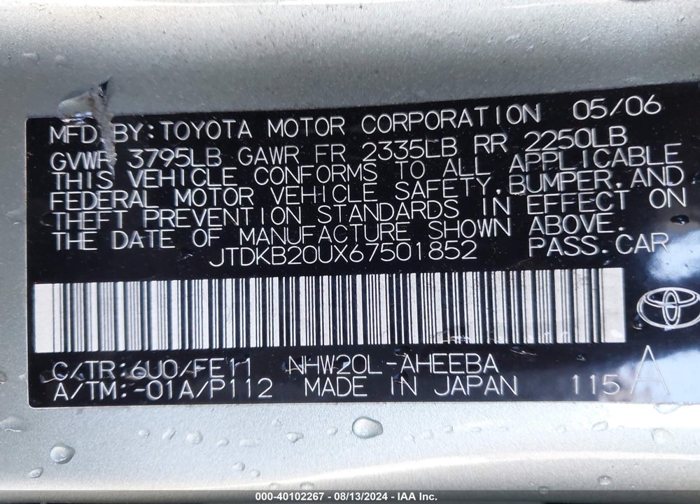 2006 TOYOTA PRIUS VIN: JTDKB20UX67501852