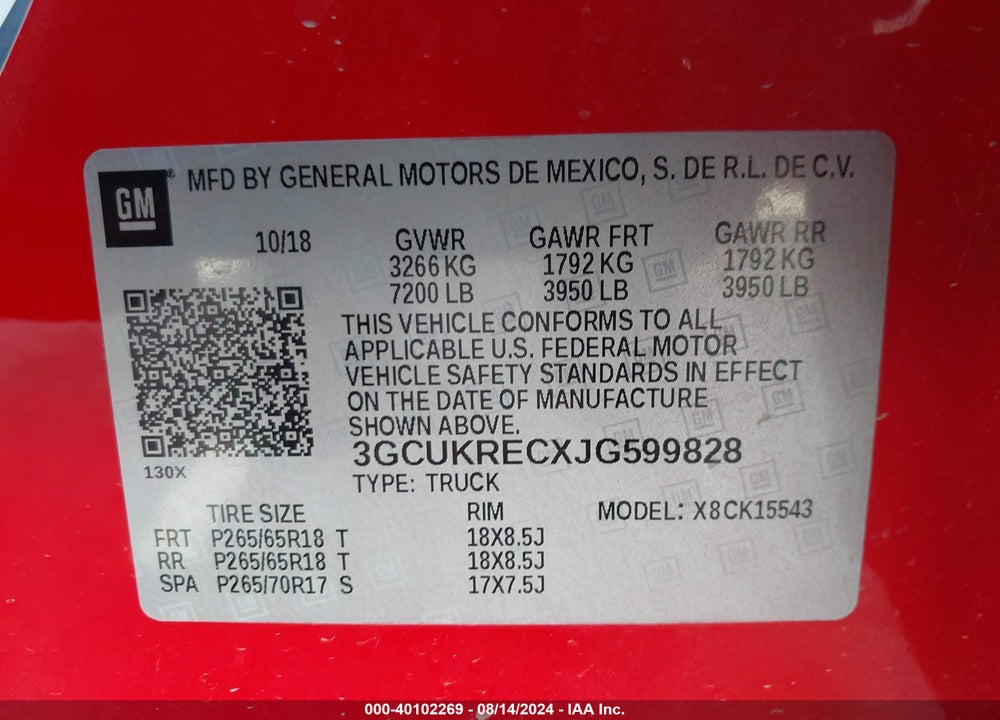 2018 CHEVROLET SILVERADO 1500 2LT VIN: 3GCUKRECXJG599828