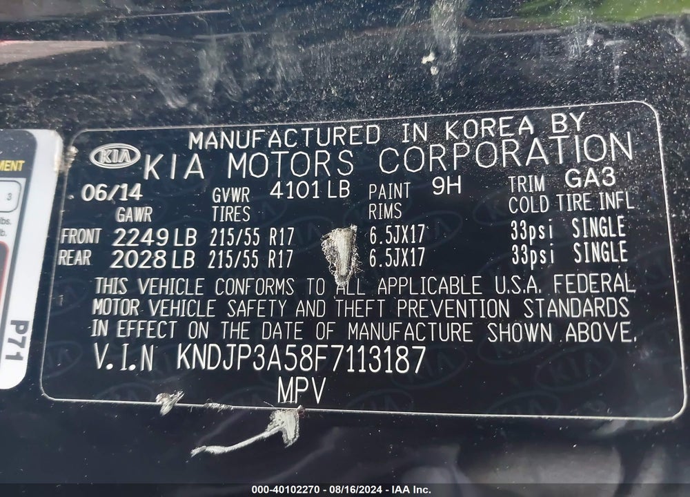 2015 KIA SOUL + AUTOMATIC VIN: KNDJP3A58F7113187