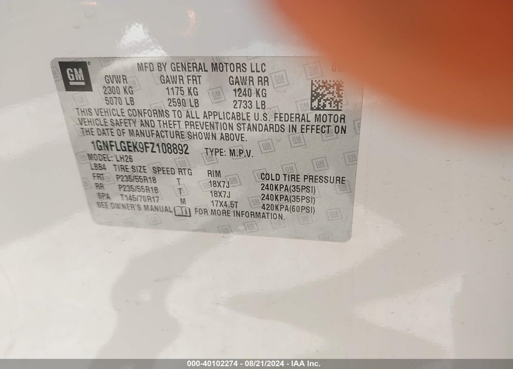 2015 CHEVROLET EQUINOX 2LT VIN: 1GNFLGEK9FZ108892