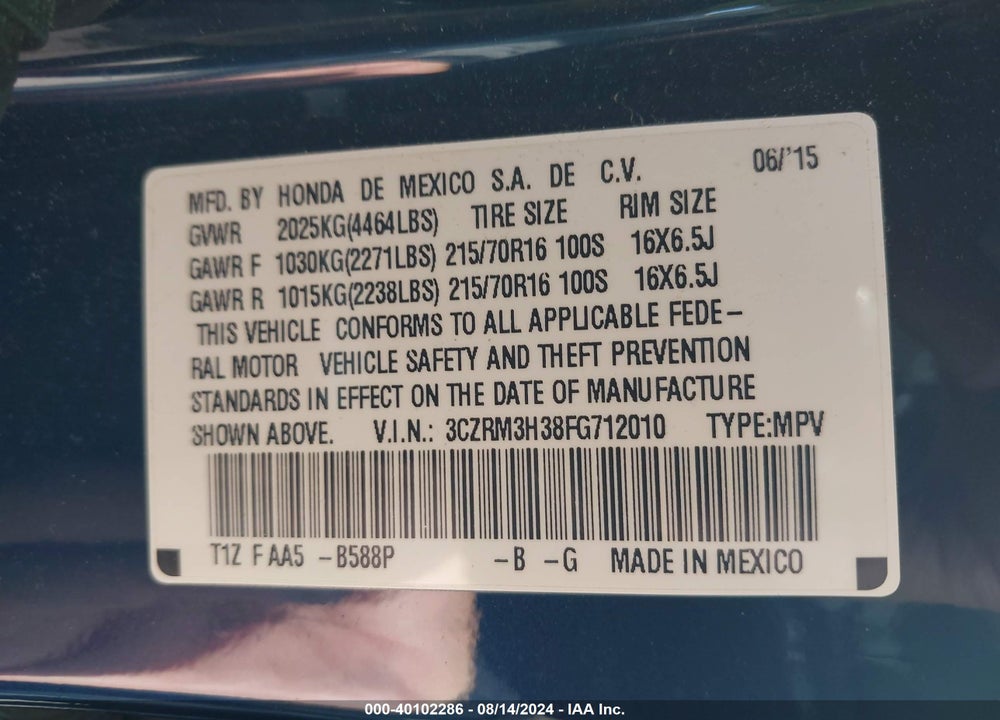2015 HONDA CR-V LX VIN: 3CZRM3H38FG712010