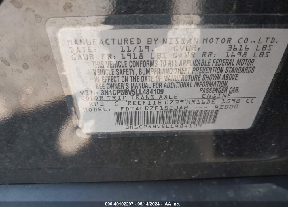 2020 NISSAN KICKS S XTRONIC CVT VIN: 3N1CP5BV5LL484109