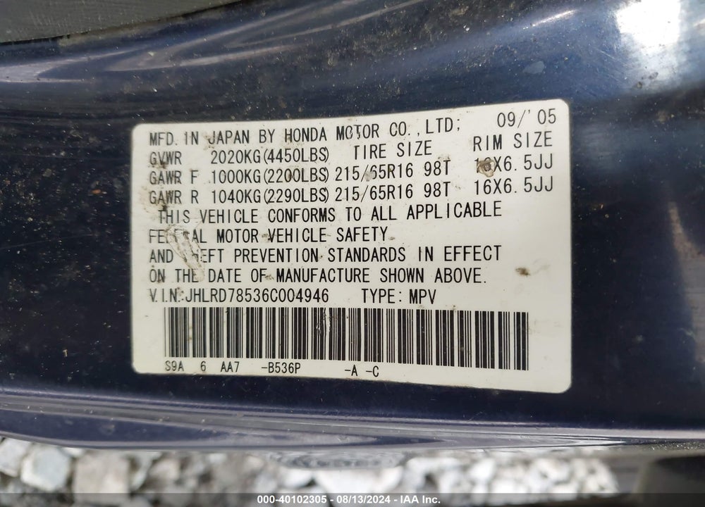 2006 HONDA CR-V LX VIN: JHLRD78536C004946