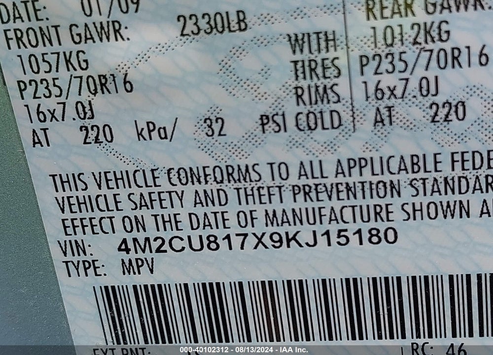 2009 MERCURY MARINER I4 VIN: 4M2CU817X9KJ15180