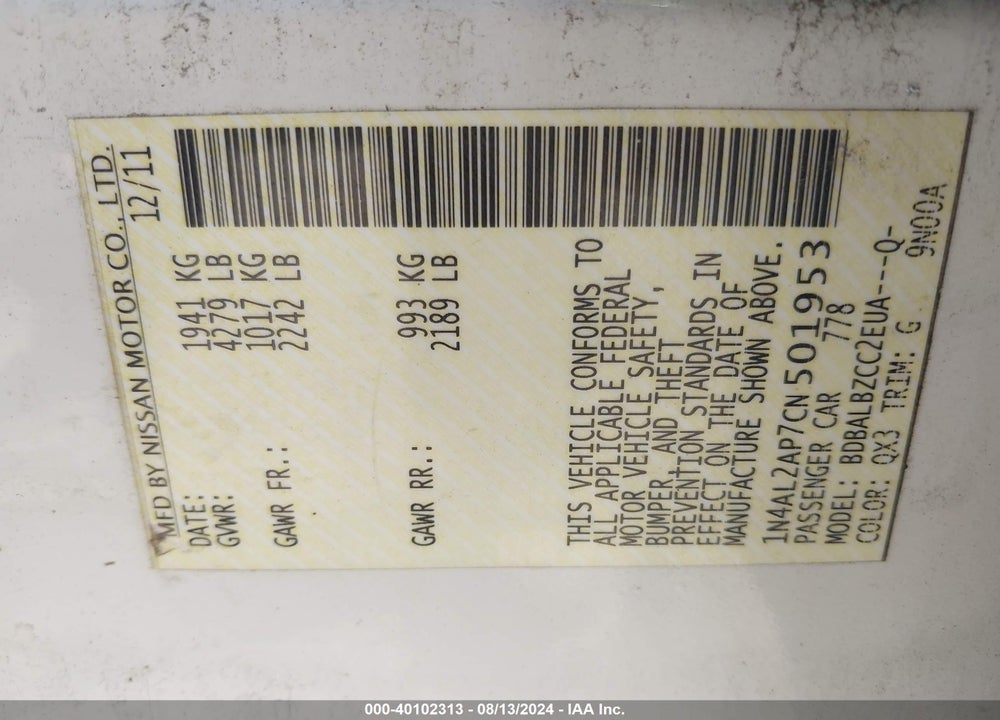 2012 NISSAN ALTIMA 2.5 S VIN: 1N4AL2AP7CN501953