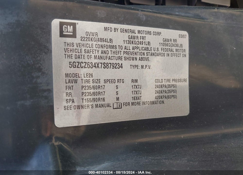 2007 SATURN VUE V6 VIN: 5GZCZ634X7S879234