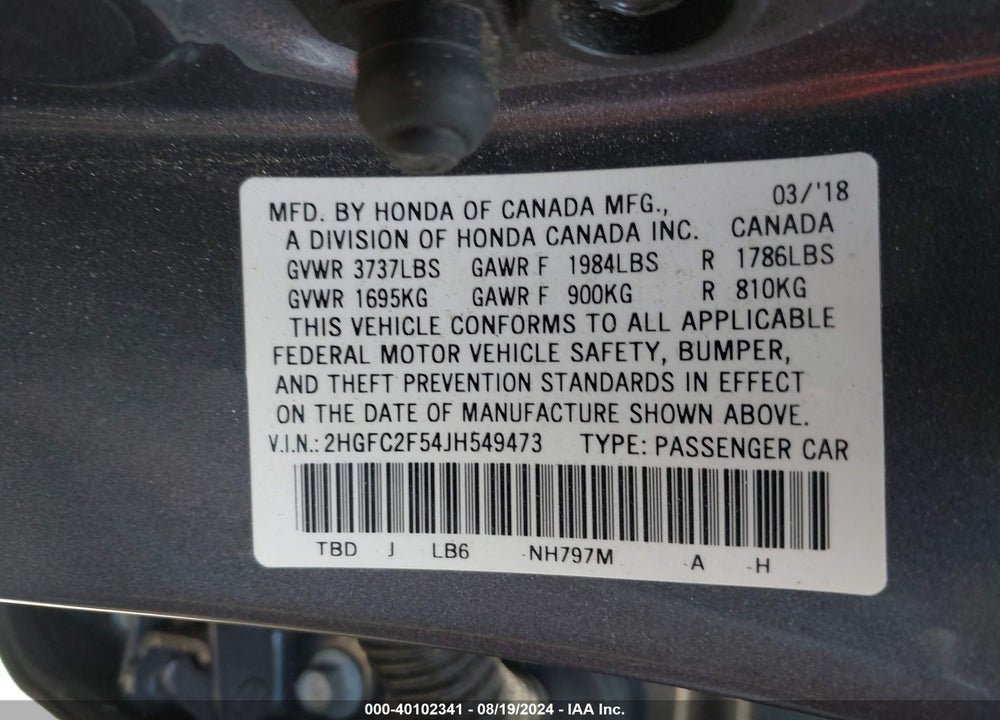 2018 HONDA CIVIC LX VIN: 2HGFC2F54JH549473
