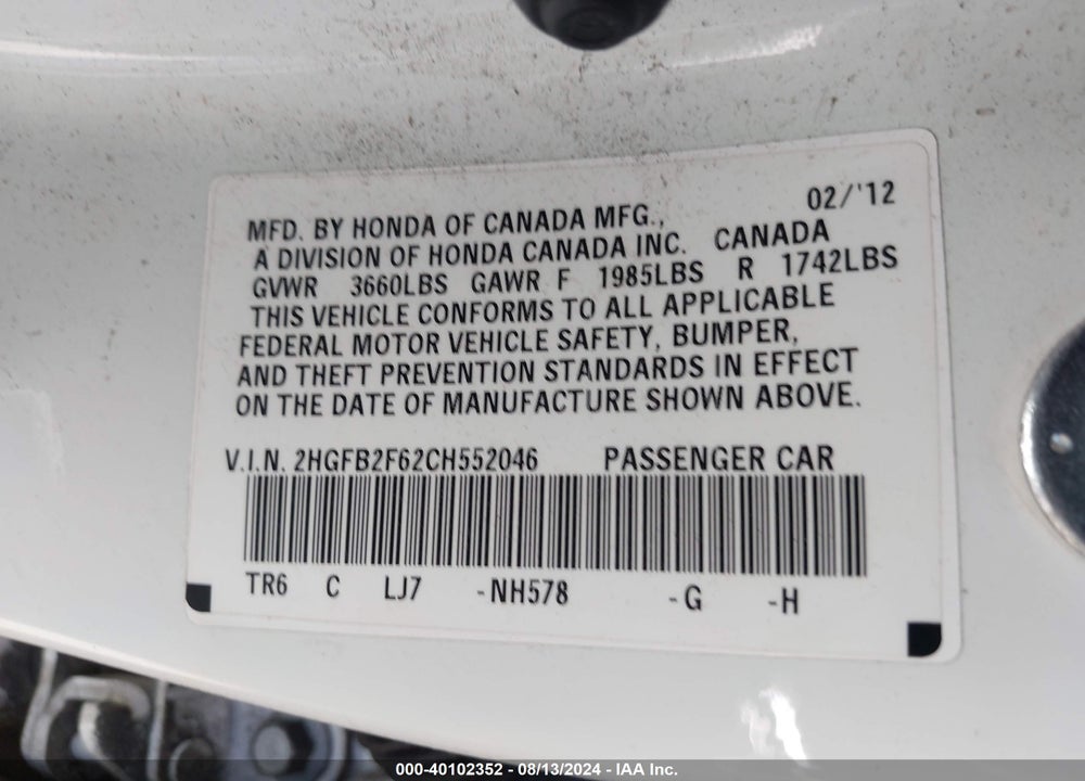 2012 HONDA CIVIC VIN: 2HGFB2F62CH552046