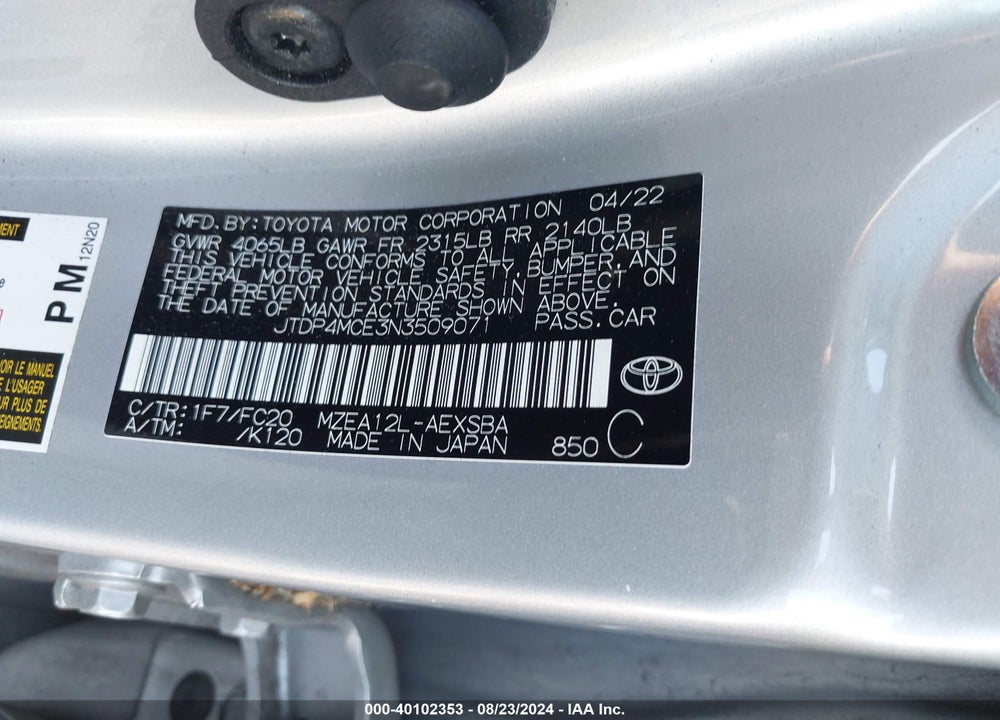 2022 TOYOTA COROLLA SE VIN: JTDP4MCE3N3509071