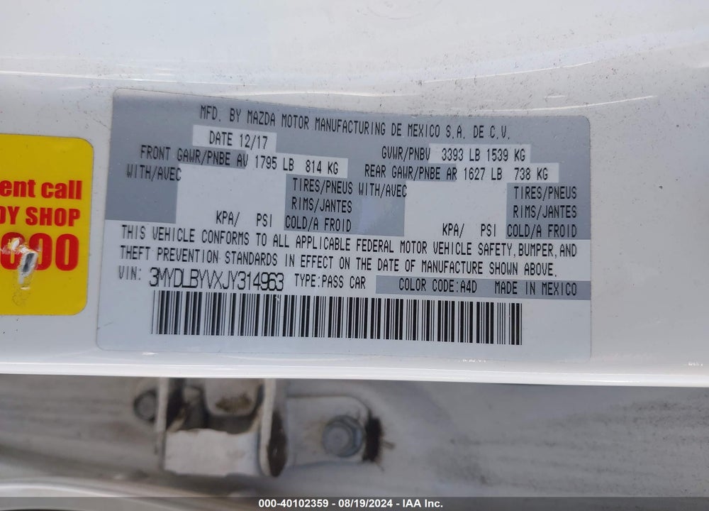 2018 TOYOTA YARIS IA VIN: 3MYDLBYVXJY314963