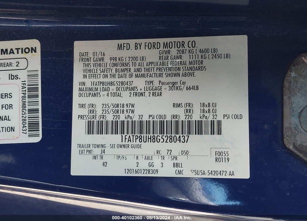 2016 FORD MUSTANG ECOBOOST PREMIUM VIN: 1FATP8UH8G5280437