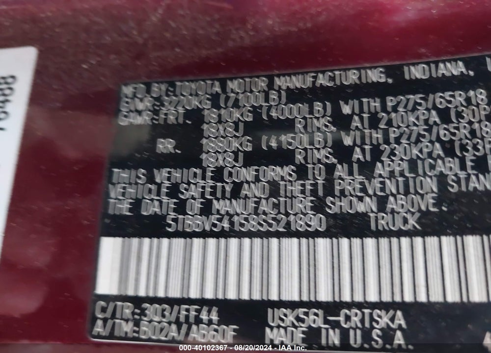 2008 TOYOTA TUNDRA SR5 5.7L V8 VIN: 5TBBV54158S521890