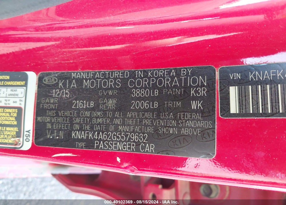 2016 KIA FORTE LX VIN: KNAFK4A62G5579632