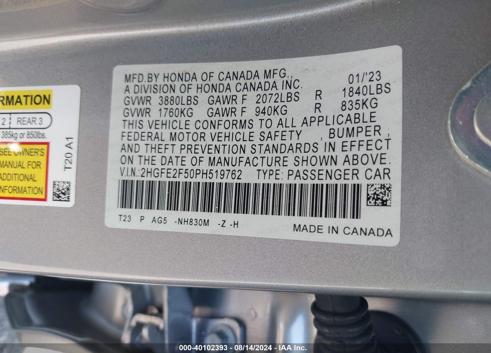 2023 HONDA CIVIC SPORT VIN: 2HGFE2F50PH519762