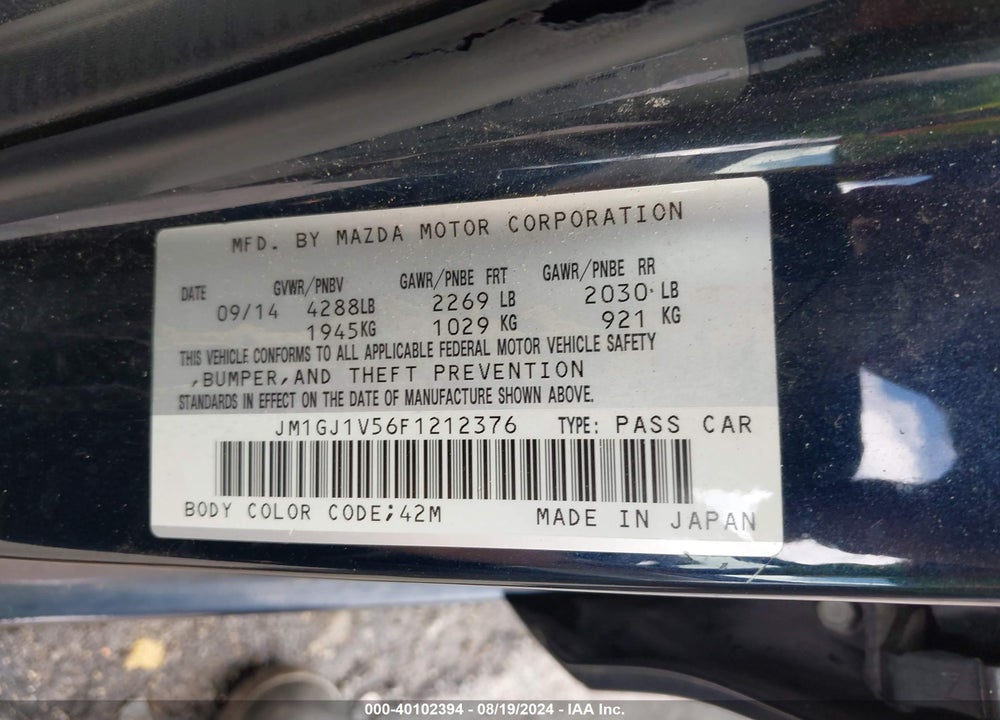 2015 MAZDA MAZDA6 VIN: JM1GJ1V56F1212376