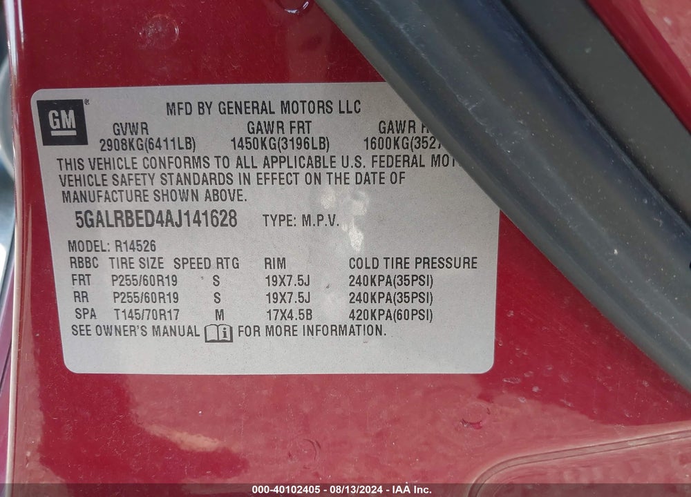 2010 BUICK ENCLAVE 1XL VIN: 5GALRBED4AJ141628