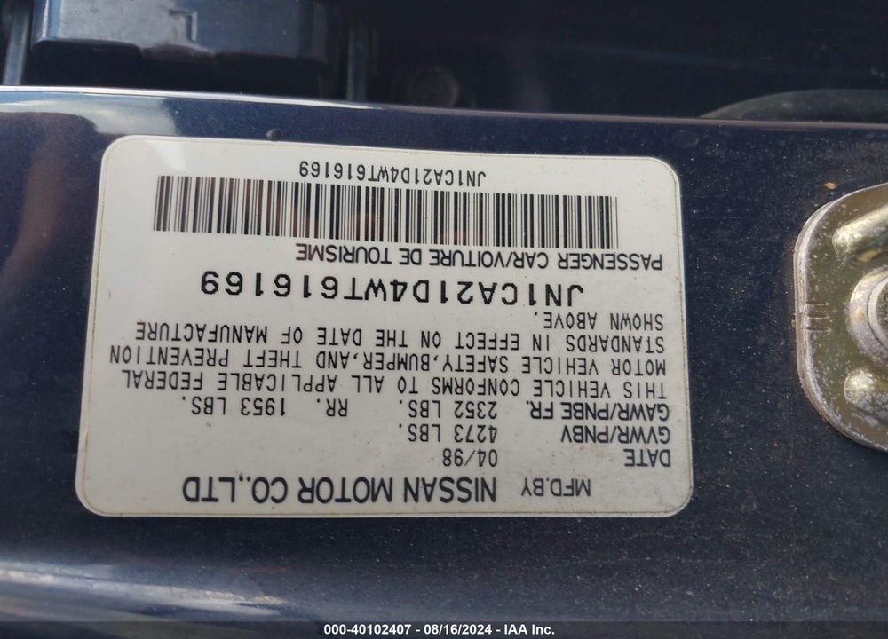 1998 NISSAN MAXIMA GLE/GXE/SE VIN: JN1CA21D4WT616169