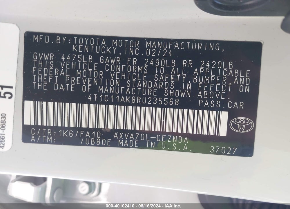 2024 TOYOTA CAMRY LE VIN: 4T1C11AK8RU235568