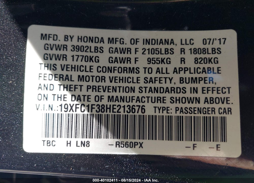 2017 HONDA CIVIC EX-T VIN: 19XFC1F38HE213676