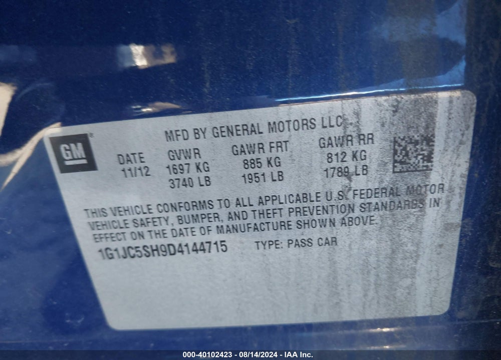 2013 CHEVROLET SONIC LT AUTO VIN: 1G1JC5SH9D4144715