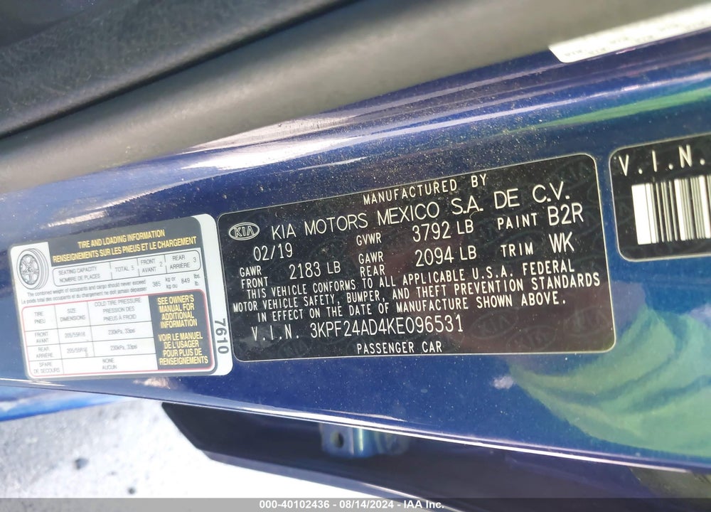 2019 KIA FORTE LXS VIN: 3KPF24AD4KE096531