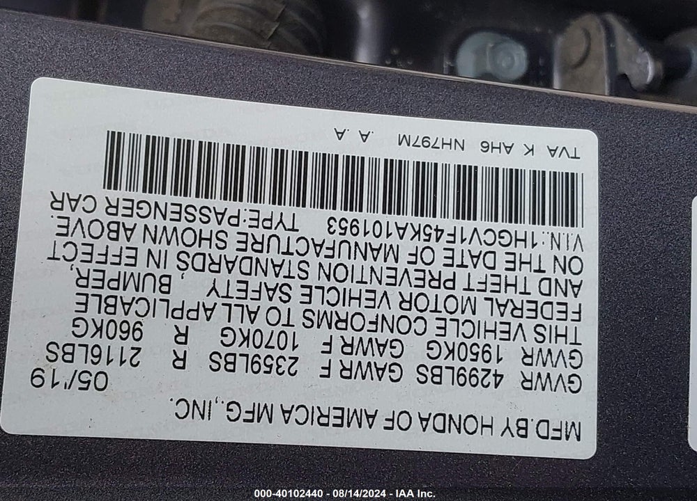 2019 HONDA ACCORD EX VIN: 1HGCV1F45KA101953