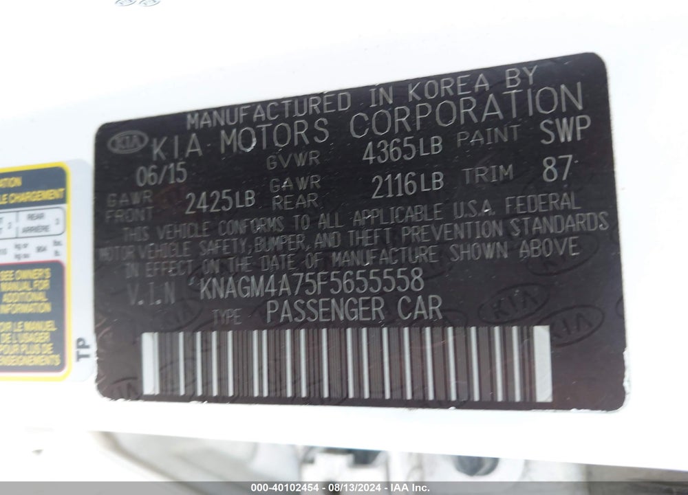 2015 KIA OPTIMA LX VIN: KNAGM4A75F5655558