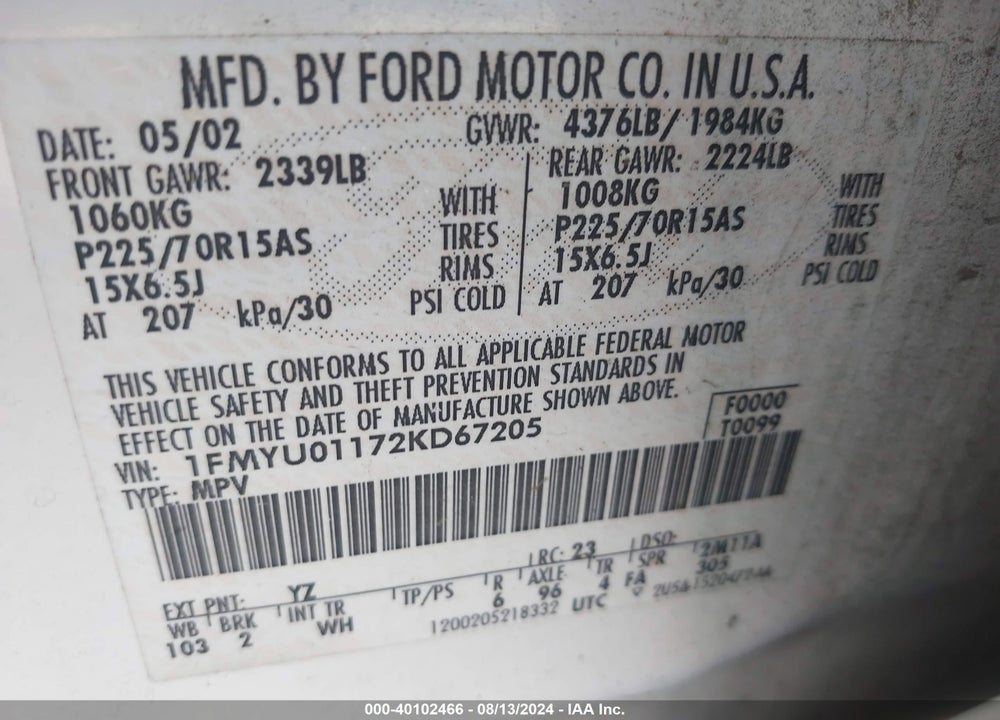 2002 FORD ESCAPE XLS VIN: 1FMYU01172KD67205