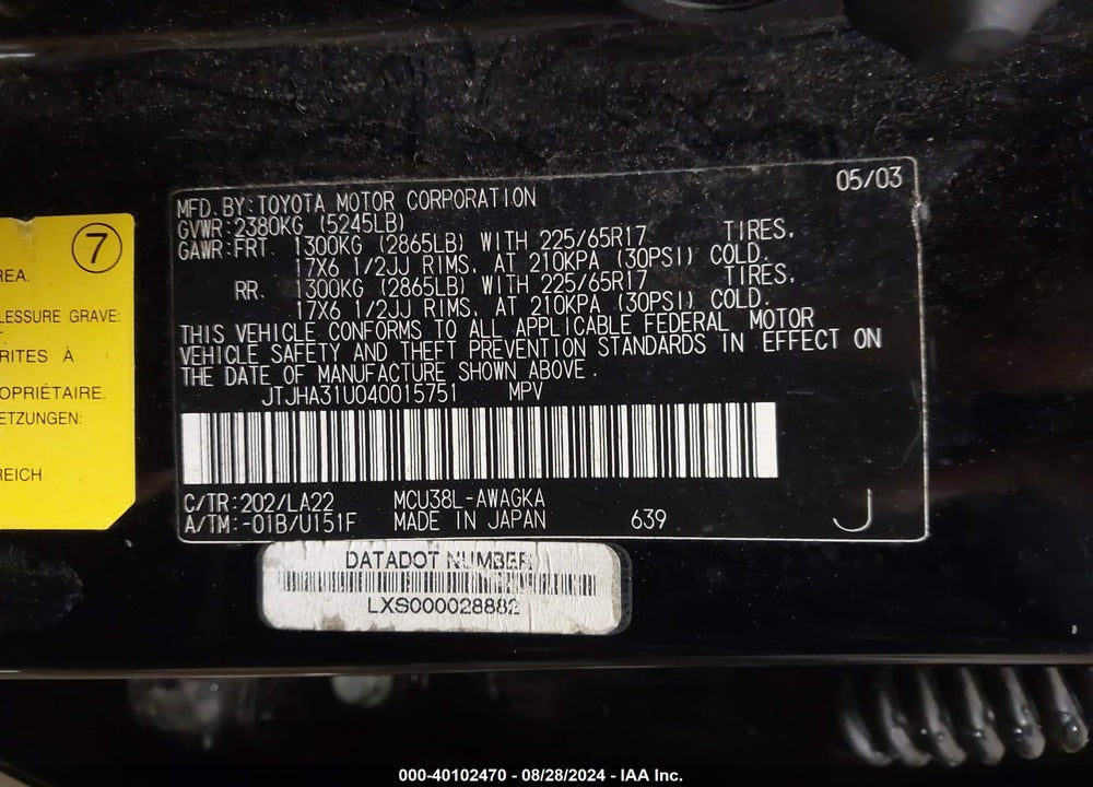 2004 LEXUS RX 330 VIN: JTJHA31U040015751