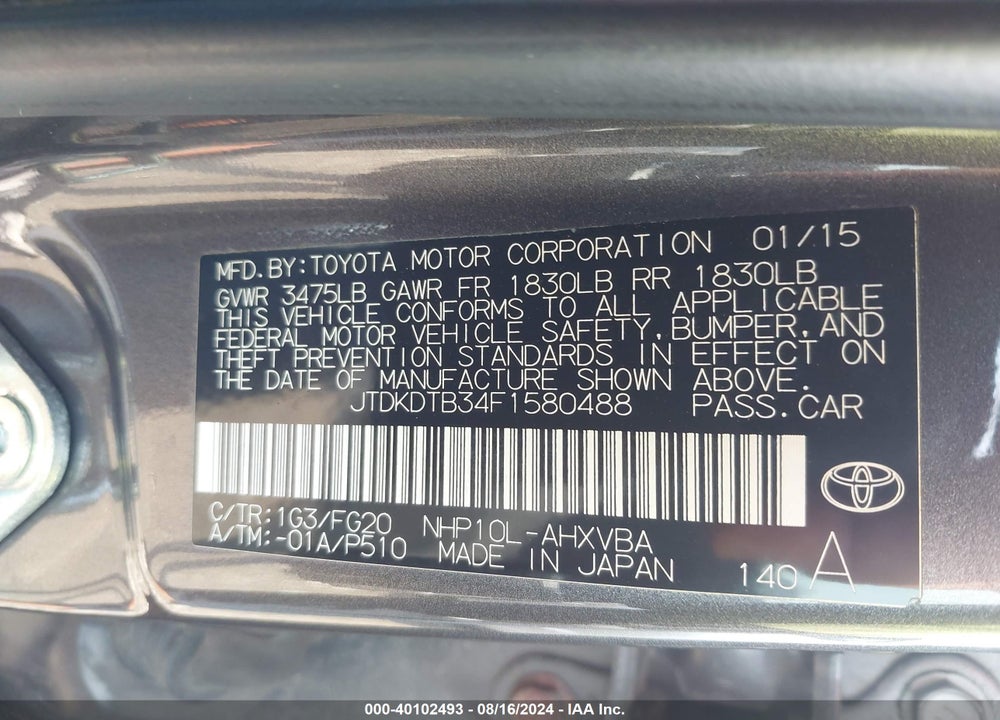 2015 TOYOTA PRIUS C TWO VIN: JTDKDTB34F1580488