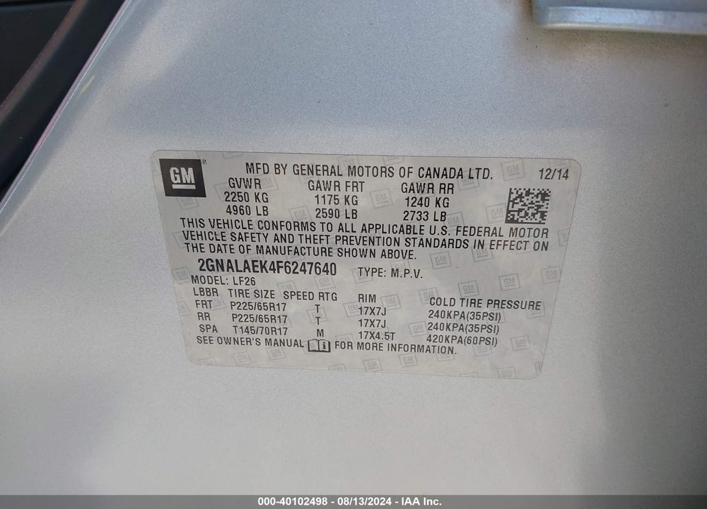 2015 CHEVROLET EQUINOX LS VIN: 2GNALAEK4F6247640