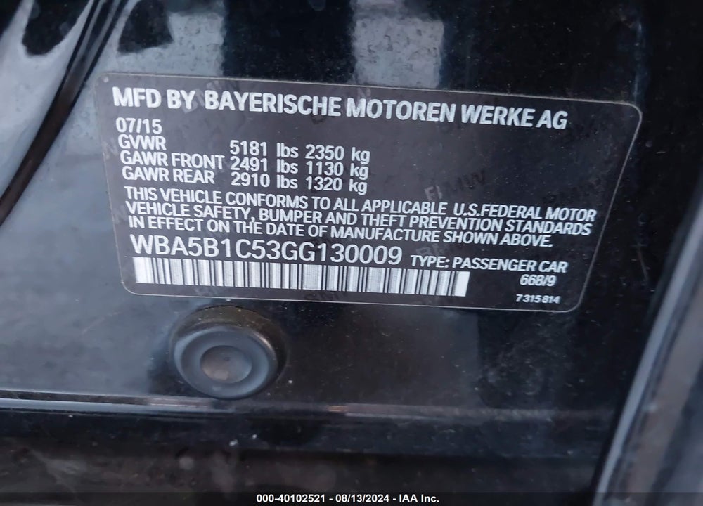 2016 BMW 535I VIN: WBA5B1C53GG130009