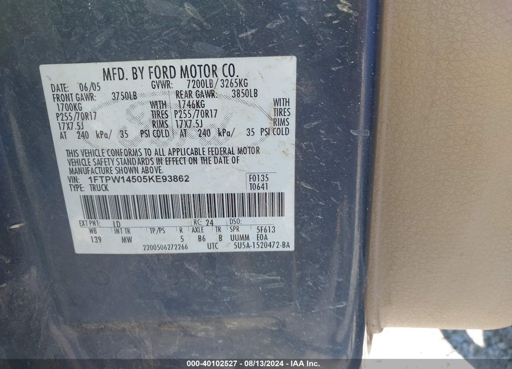 2005 FORD F-150 FX4/LARIAT/XLT VIN: 1FTPW14505KE93862