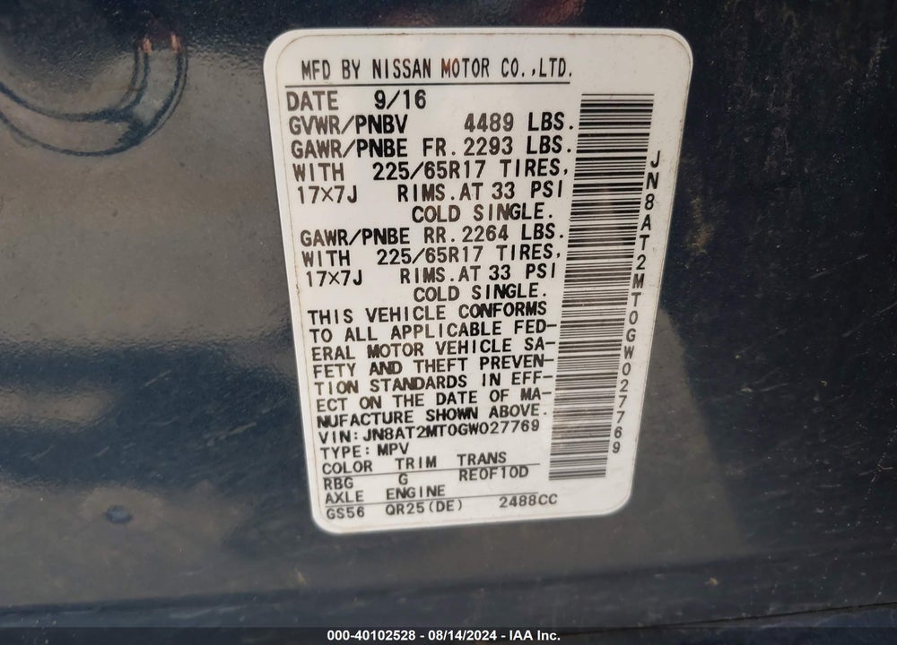 2016 NISSAN ROGUE S VIN: JN8AT2MT0GW027769