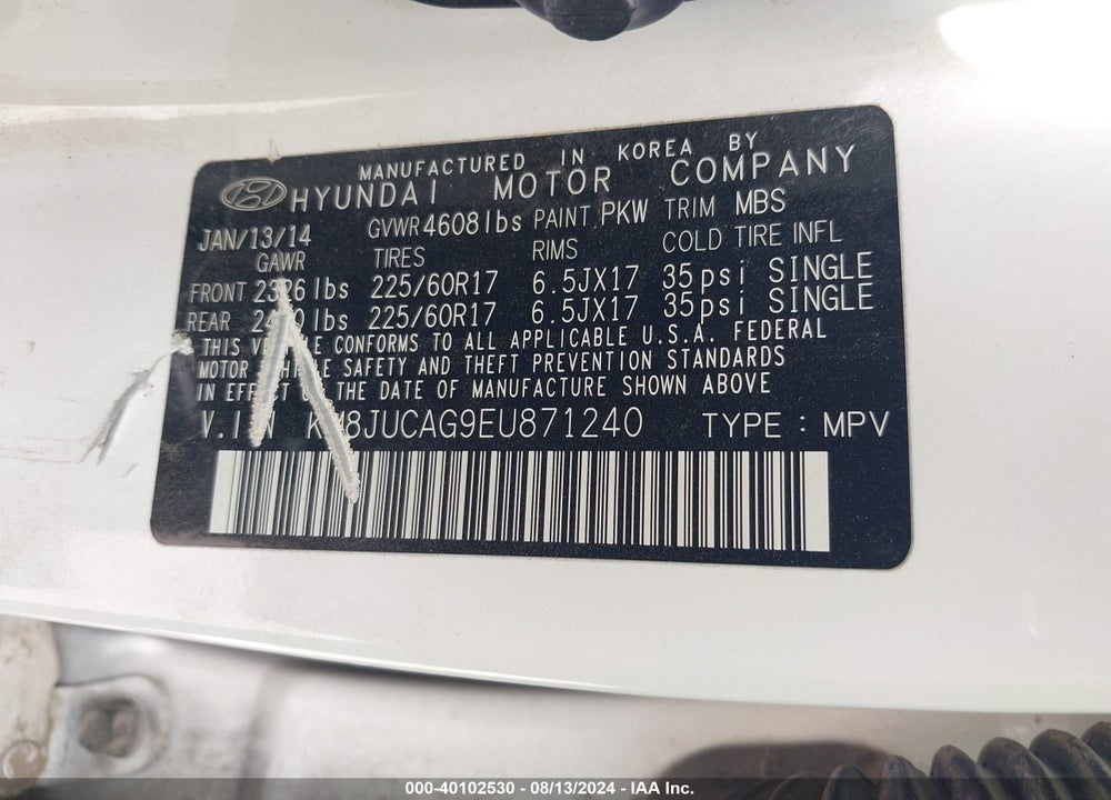 2014 HYUNDAI TUCSON SE VIN: KM8JUCAG9EU871240