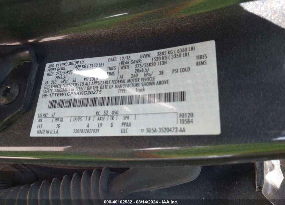2019 FORD F-150 VIN: 1FTEW1CP5KKC20275