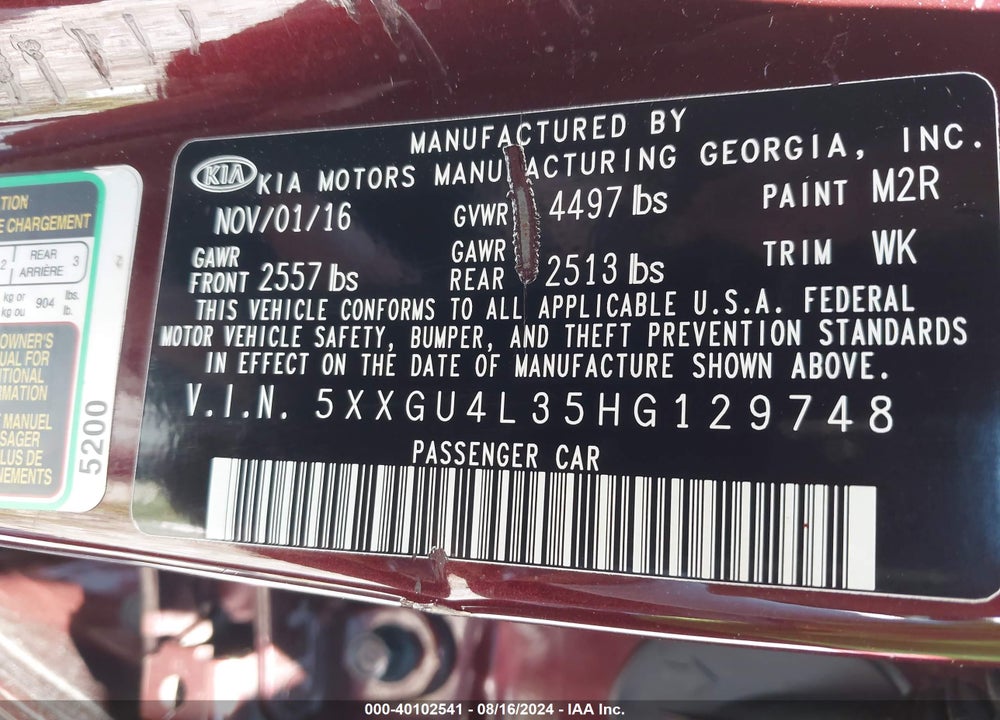 2017 KIA OPTIMA EX VIN: 5XXGU4L35HG129748