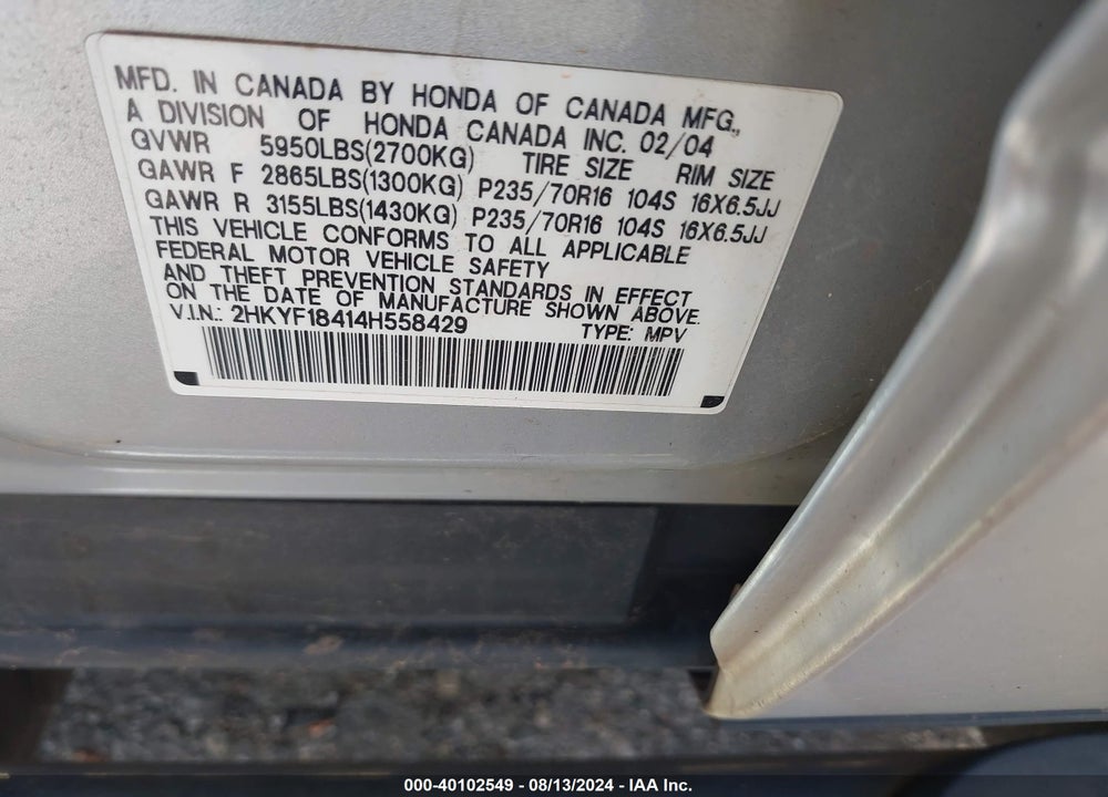 2004 HONDA PILOT EX VIN: 2HKYF18414H558429