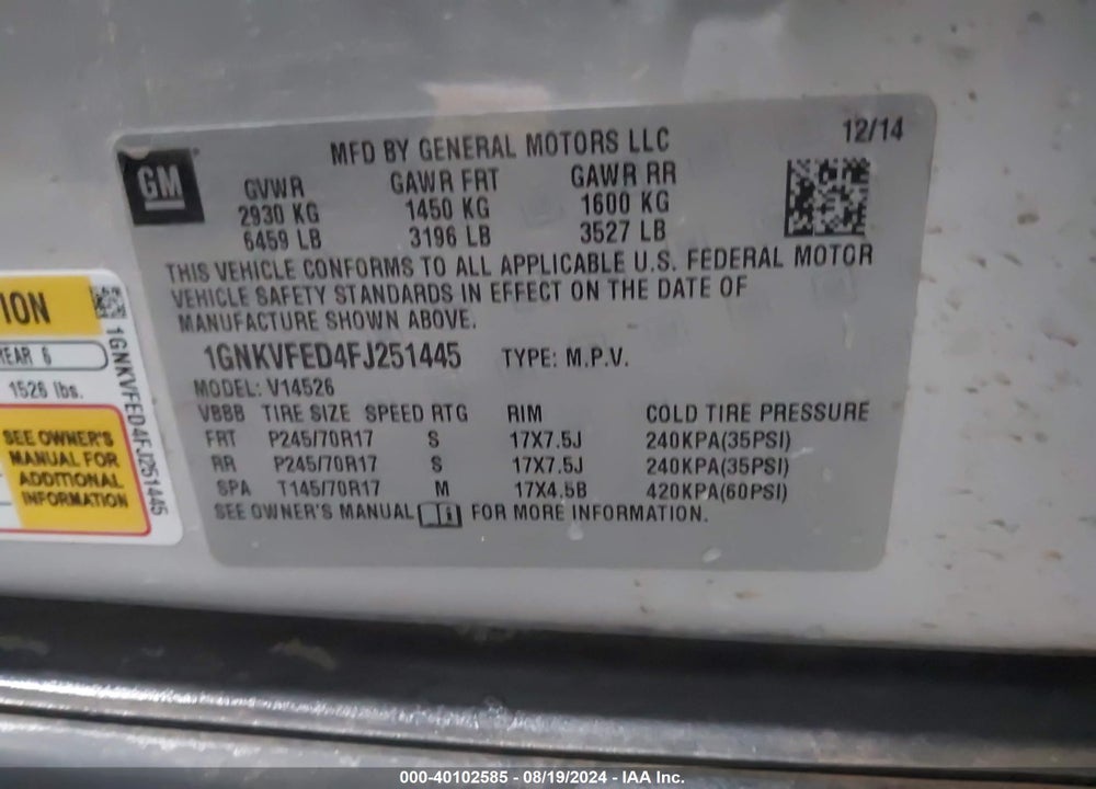 2015 CHEVROLET TRAVERSE VIN: 1GNKVFED4FJ251445