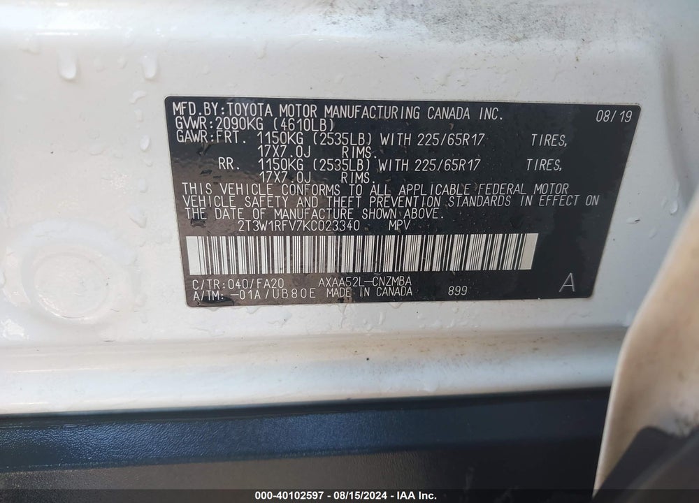 2019 TOYOTA RAV4 XLE VIN: 2T3W1RFV7KC023340