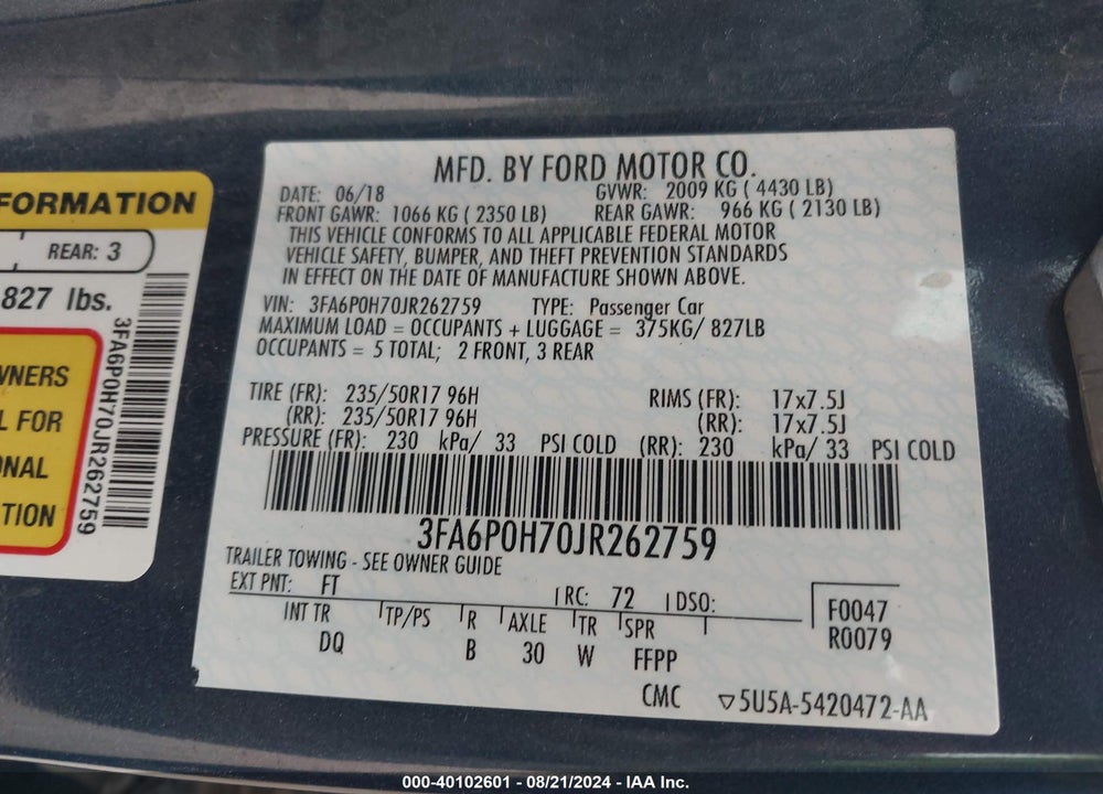 2018 FORD FUSION SE VIN: 3FA6P0H70JR262759