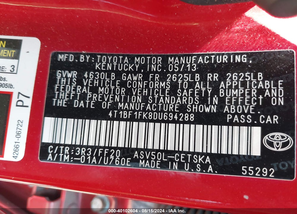 2013 TOYOTA CAMRY SE VIN: 4T1BF1FK8DU694288
