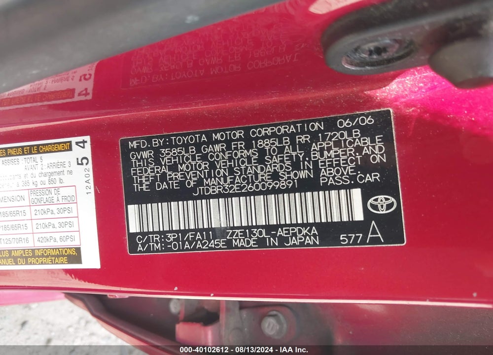 2006 TOYOTA COROLLA CE VIN: JTDBR32E260099891