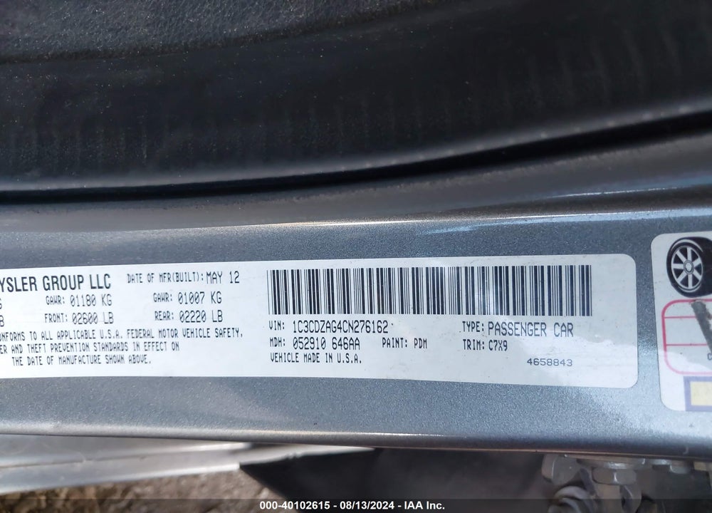 2012 DODGE AVENGER SE VIN: 1C3CDZAG4CN276162