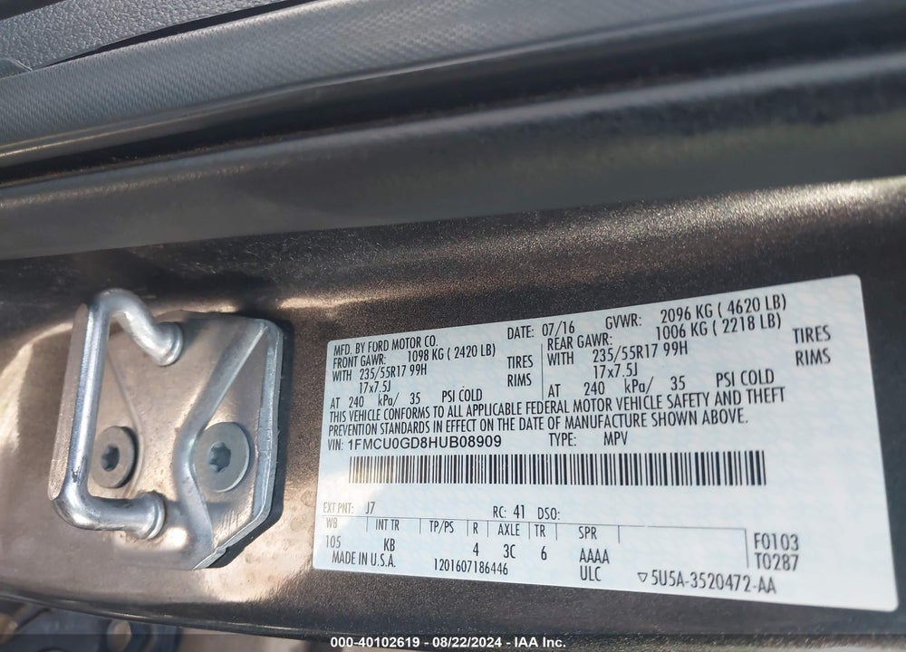 2017 FORD ESCAPE SE VIN: 1FMCU0GD8HUB08909