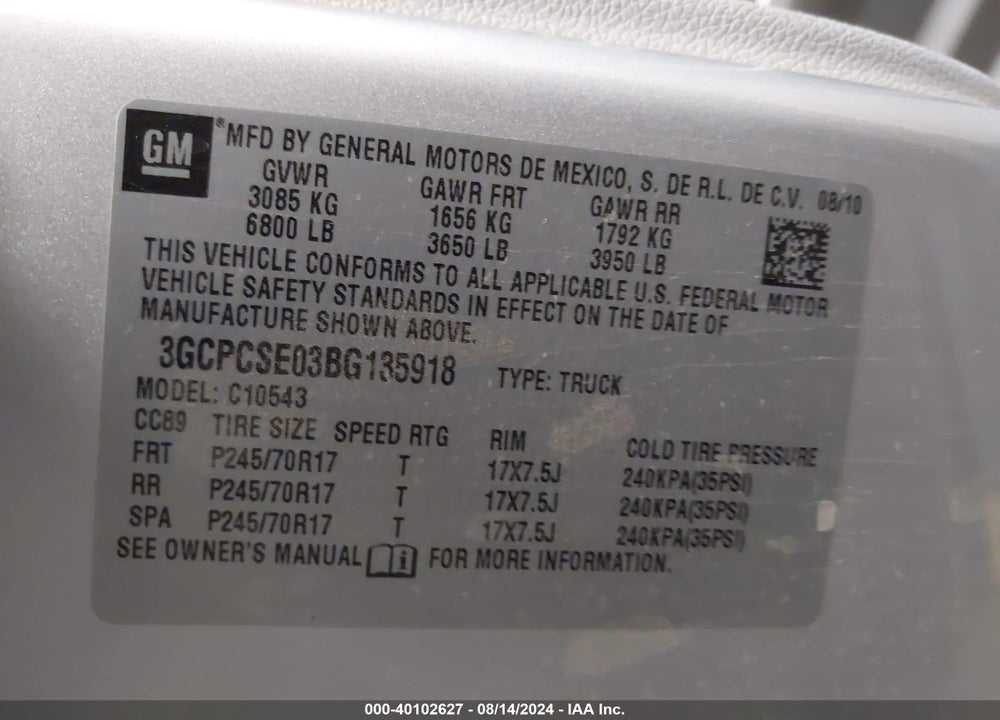 2011 CHEVROLET SILVERADO 1500 LT VIN: 3GCPCSE03BG135918