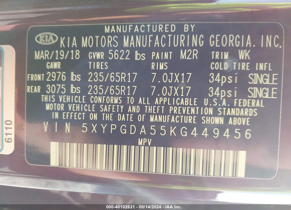 2019 KIA SORENTO 3.3L LX VIN: 5XYPGDA55KG449456