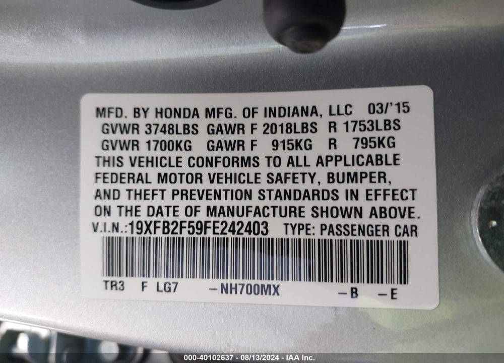 2015 HONDA CIVIC LX VIN: 19XFB2F59FE242403