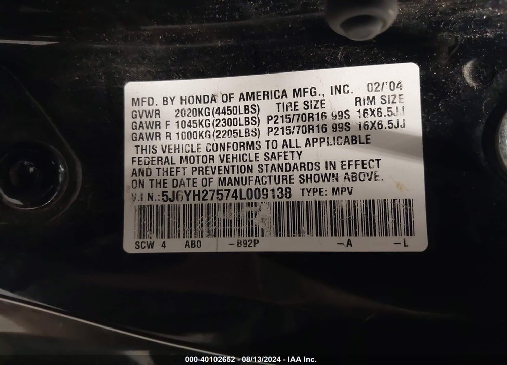 2004 HONDA ELEMENT VIN: 5J6YH27574L009138