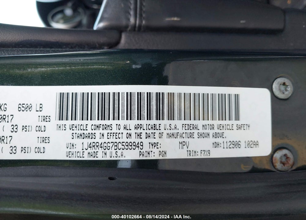 2011 JEEP GRAND CHEROKEE LAREDO VIN: 1J4RR4GG7BC599949